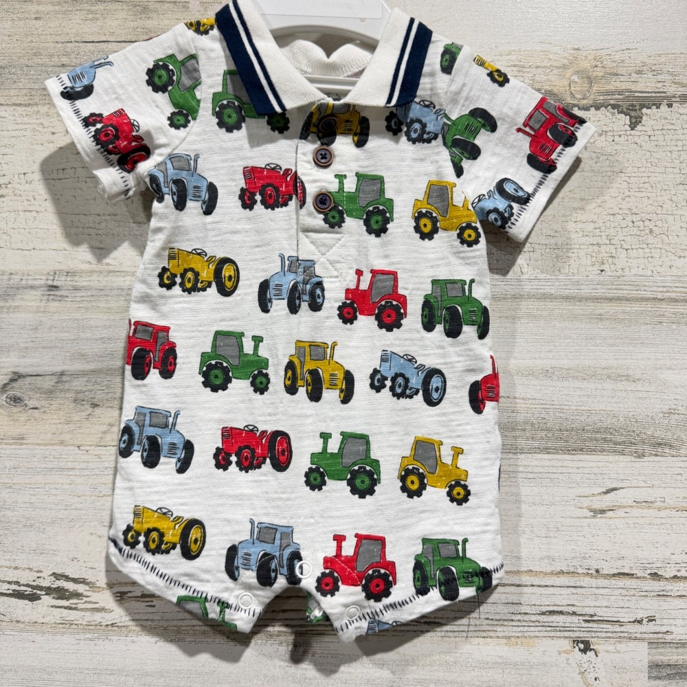 Mud Pie Romper Boys 0-3M White Tractor Print Polo Collar Farmcore EUC